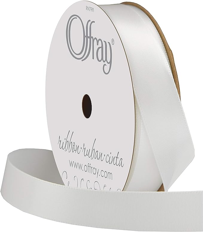 Offray double faced satin ribbon. color white. size 5/8'' x 50 yards