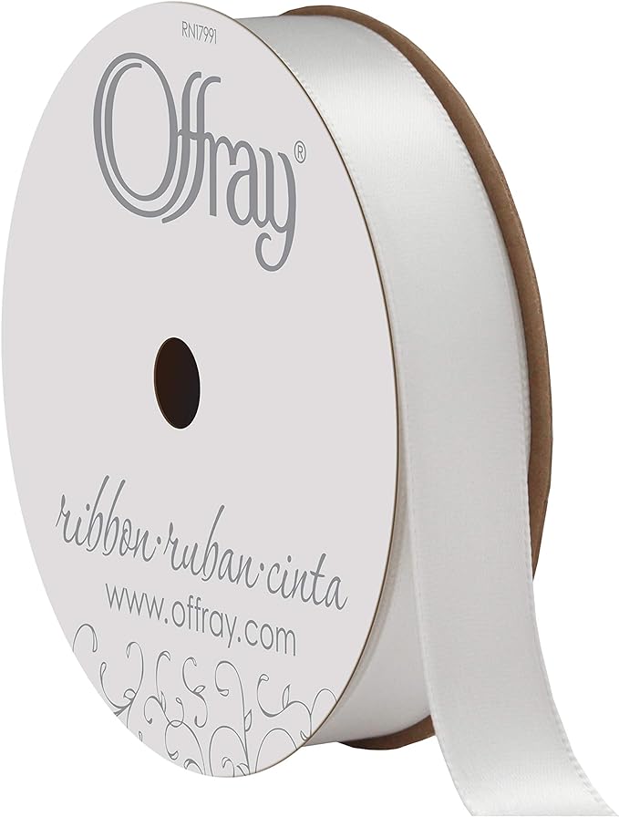 Offray double faced satin ribbon. color white. size 5/8'' x 50 yards