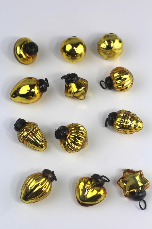 Mini Mercury Glass Ornaments - Sets of 12 Ornaments - Size 1.5 Inches (Gold Mix Shape)