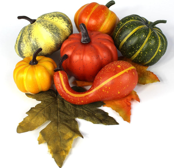 Artificial Pumpkin. 6 Pcs Mix Colored Pumpkin in a Net Bag Comes with 2 Pcs of Leaf.