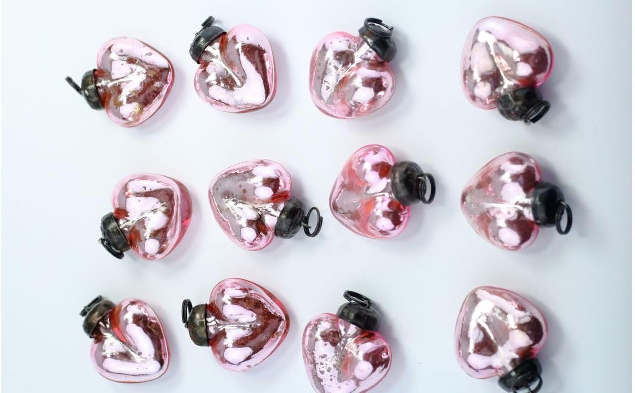 Mini Mercury Glass Ornaments - Sets of 12 Ornaments - Size 1.5 Inches (Pink Heart Shape)