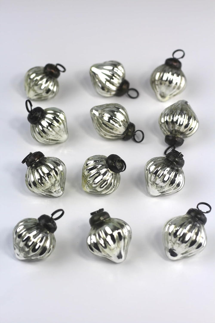 Mini Mercury Glass Ornaments - Sets of 12 Ornaments - Size 1.5 Inches (Silver Onion Shape)