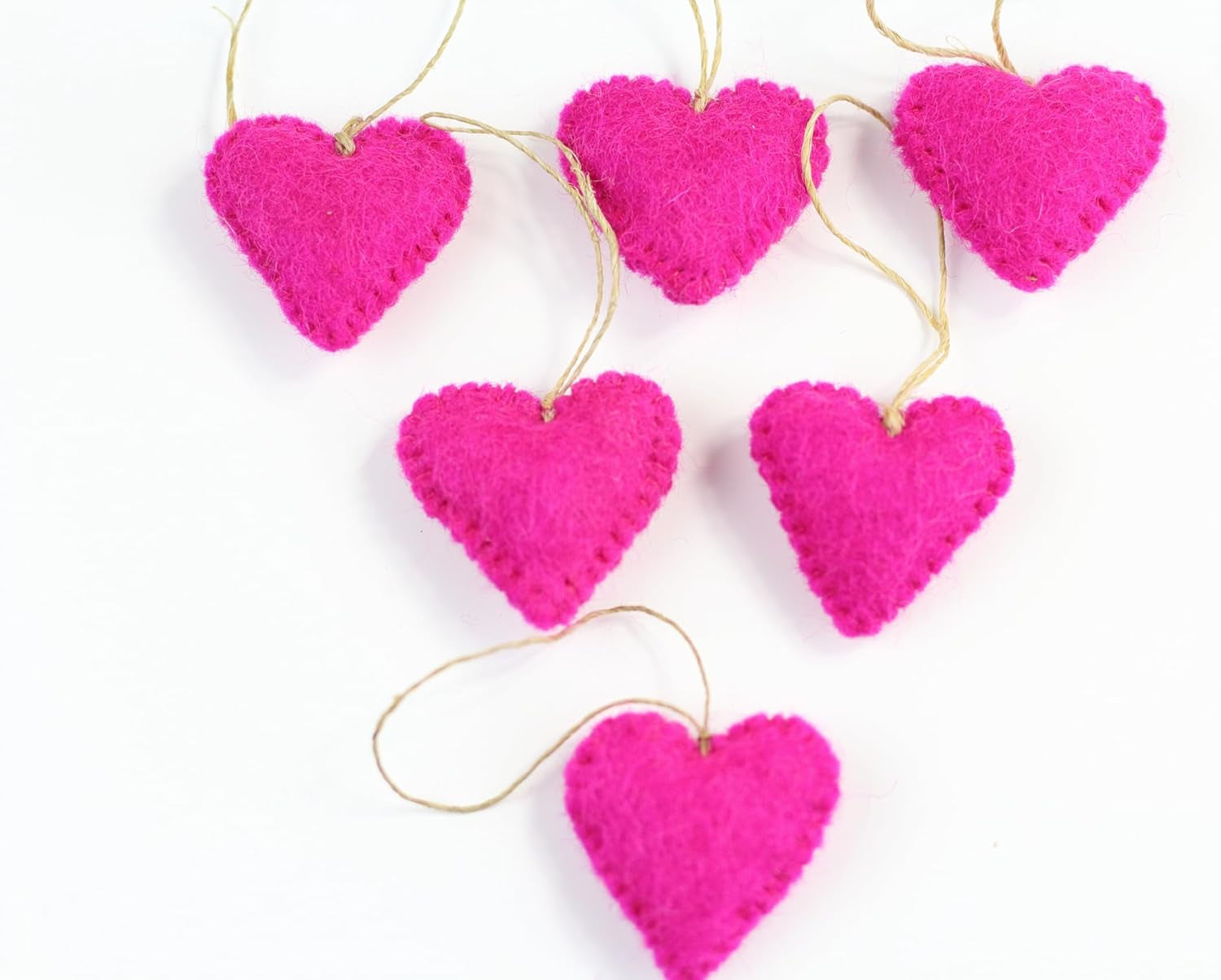 Wool Felt Heart Hand Crafted in Nepal - Made from 100% Sheep Wool from New Zealand (Hot Pink Hanging Heart Pk/6)