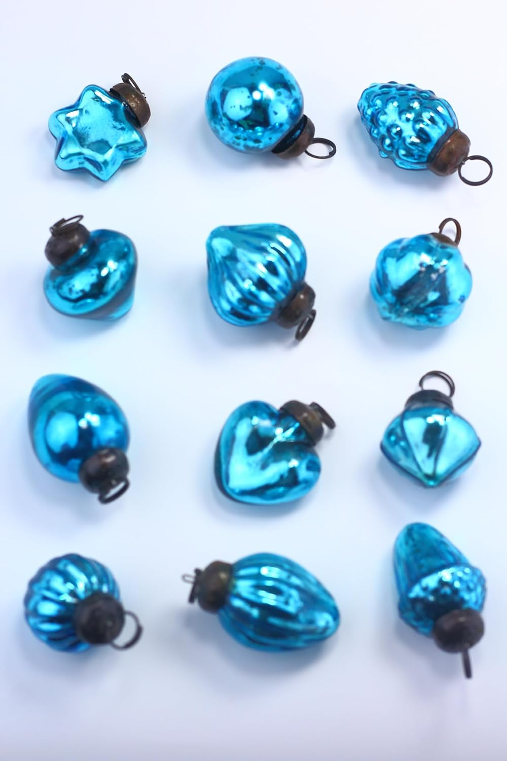 Mini Mercury Glass Ornaments - Sets of 12 Ornaments - Size 1.5 Inches (Turquise Mix Shape)