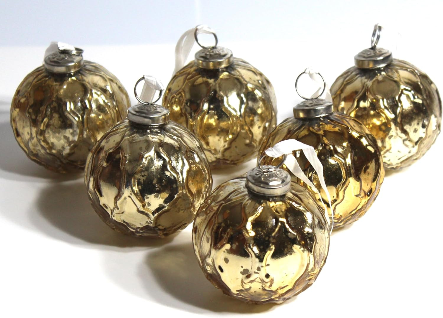 Mercury Glass Ornaments - Size 3 Inches - in a Set of 6 Ornaments. Handcrafted (Embosed Gold)