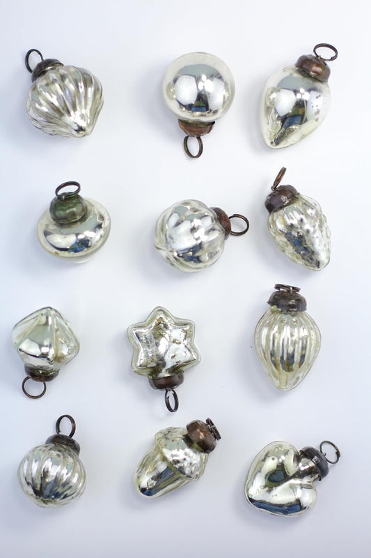 Mini Mercury Glass Ornaments - Sets of 12 Ornaments - Size 1.5 Inches (Silver Mix Shape)