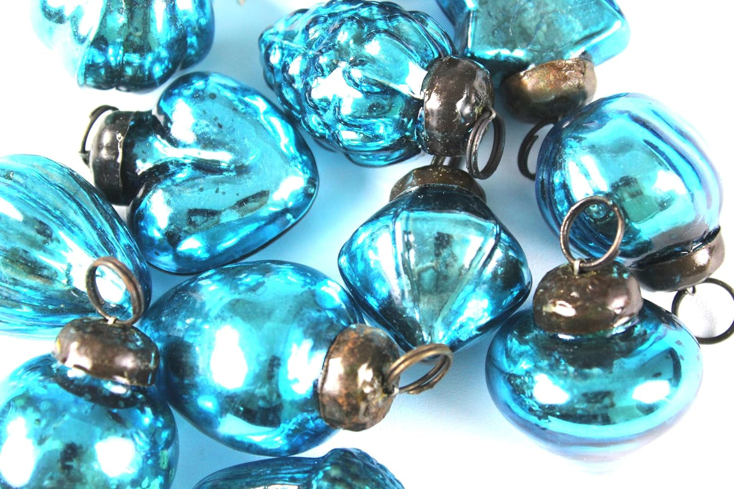 Mini Mercury Glass Ornaments - Sets of 12 Ornaments - Size 1.5 Inches (Turquise Mix Shape)