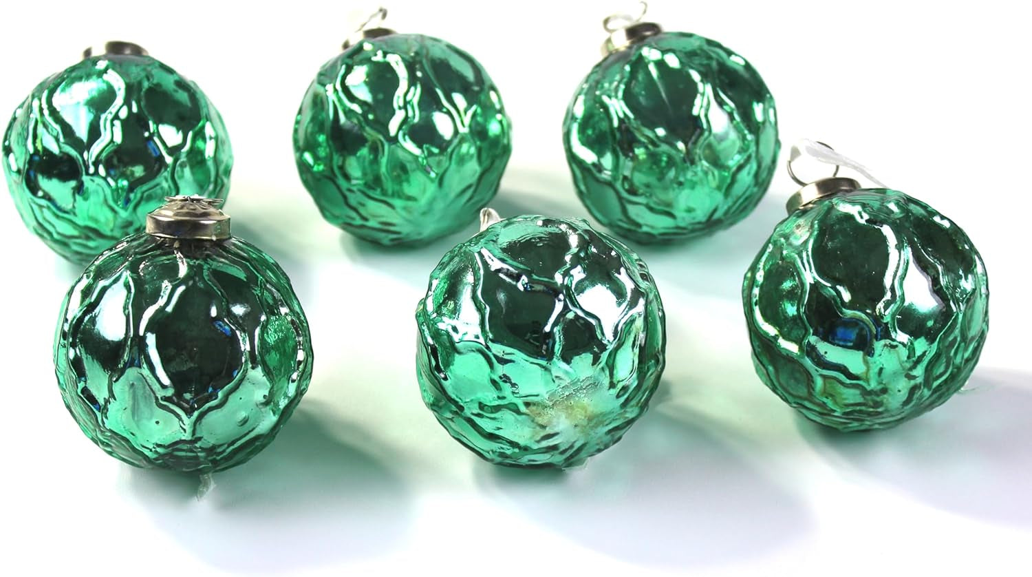 Mercury Glass Ornaments - Size 3 Inches - in a Set of 6 Ornaments. (Embosed Turquoise)