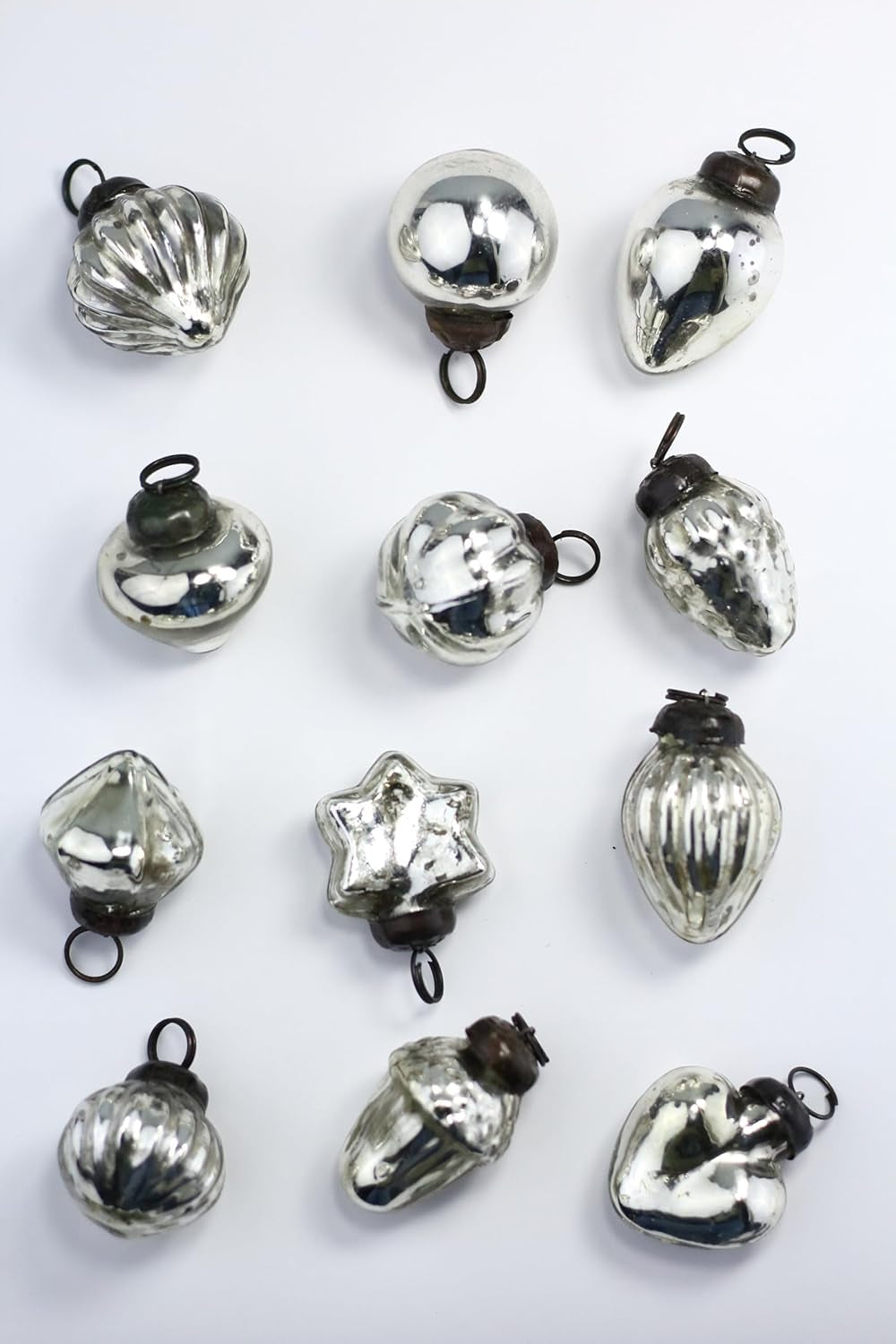 Mini Mercury Glass Ornaments - Sets of 12 Ornaments - Size 1.5 Inches (Silver Mix Shape)