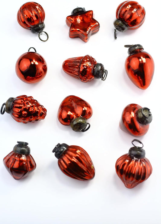 Mini Mercury Glass Ornaments - Sets of 12 Ornaments - Size 1.5 Inches (Red Mix Shape)