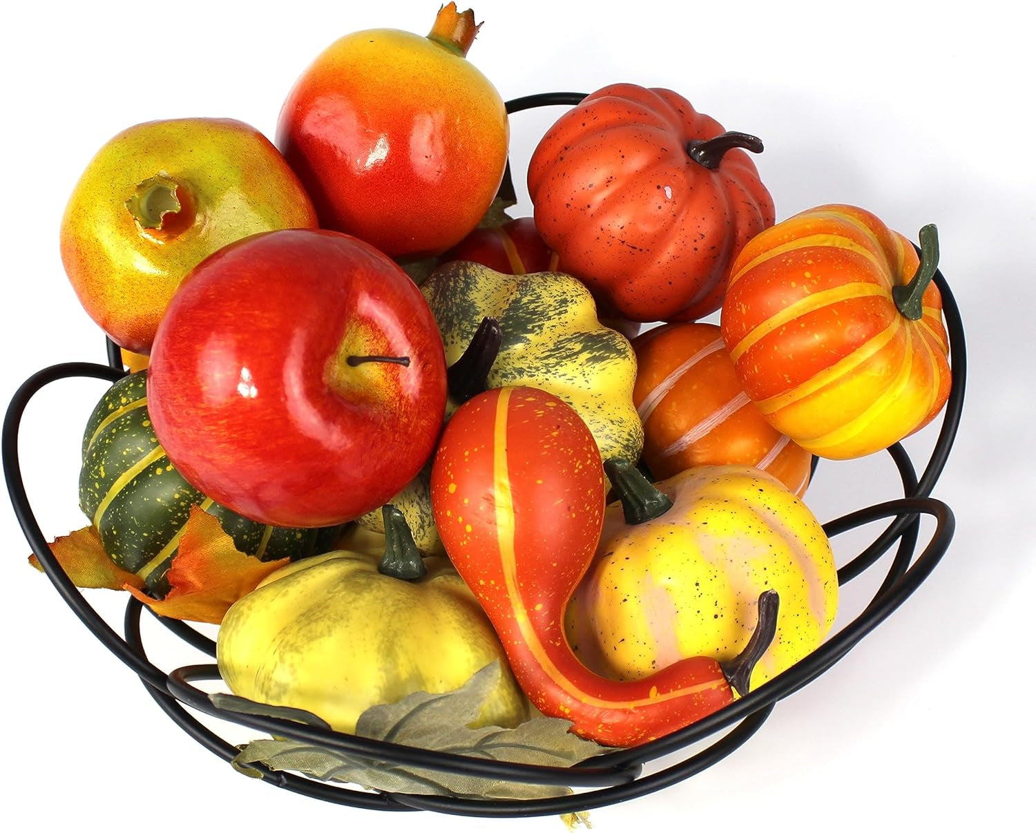 Artificial Pumpkin. 6 Pcs Mix Colored Pumpkin in a Net Bag Comes with 2 Pcs of Leaf.