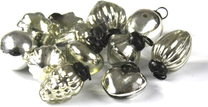 Mini Mercury Glass Ornaments - Sets of 12 Ornaments - Size 1.5 Inches (Silver Mix Shape)