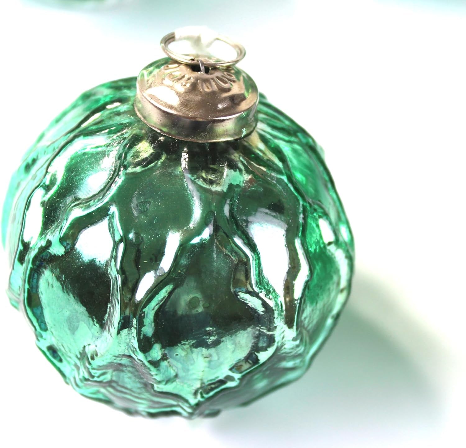 Mercury Glass Ornaments - Size 3 Inches - in a Set of 6 Ornaments. (Embosed Turquoise)