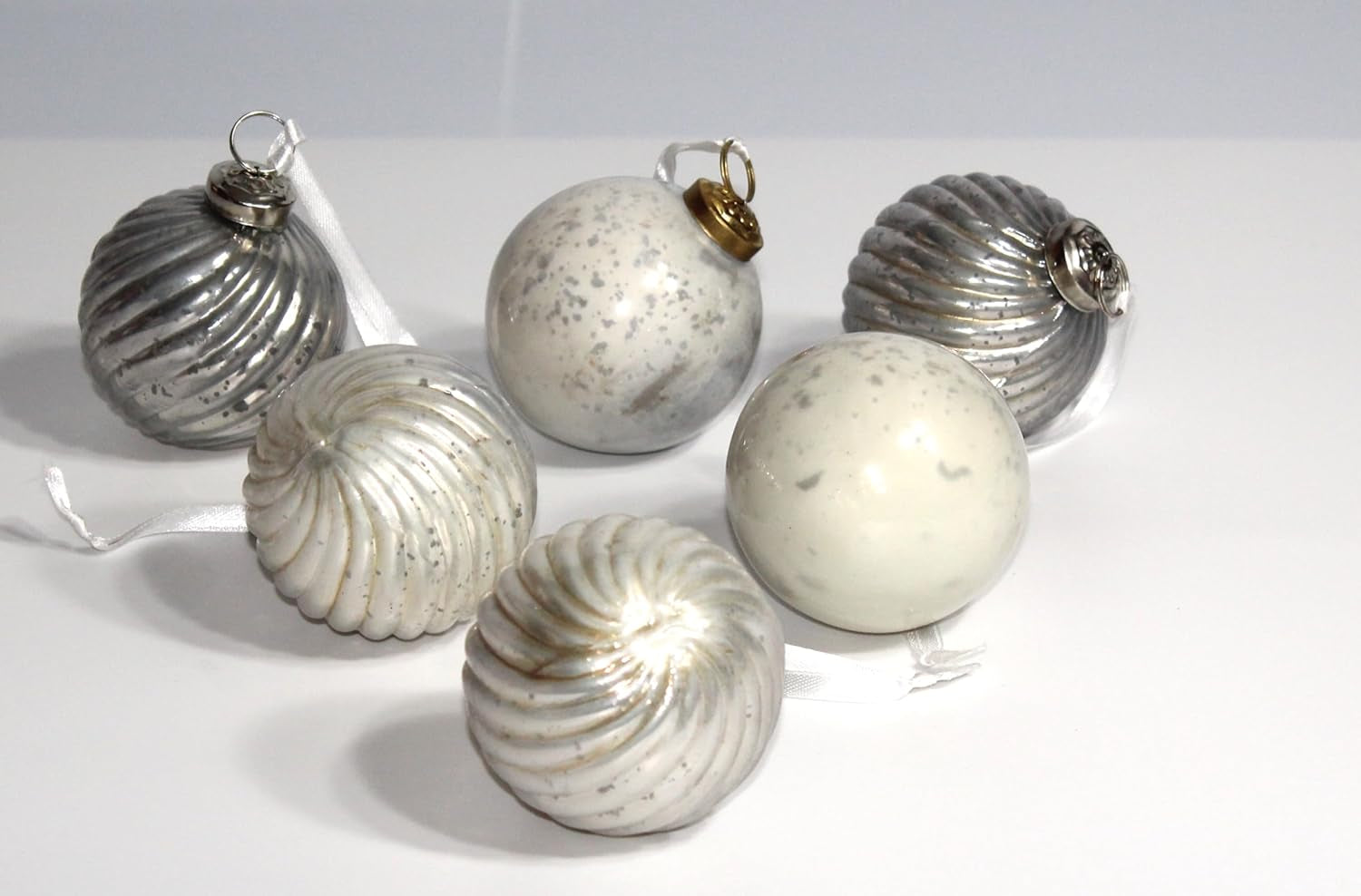 Mercury Glass Ornaments - Size 3 Inches - in a Set of 6 Ornaments. Handcrafted (White Grey Mix)