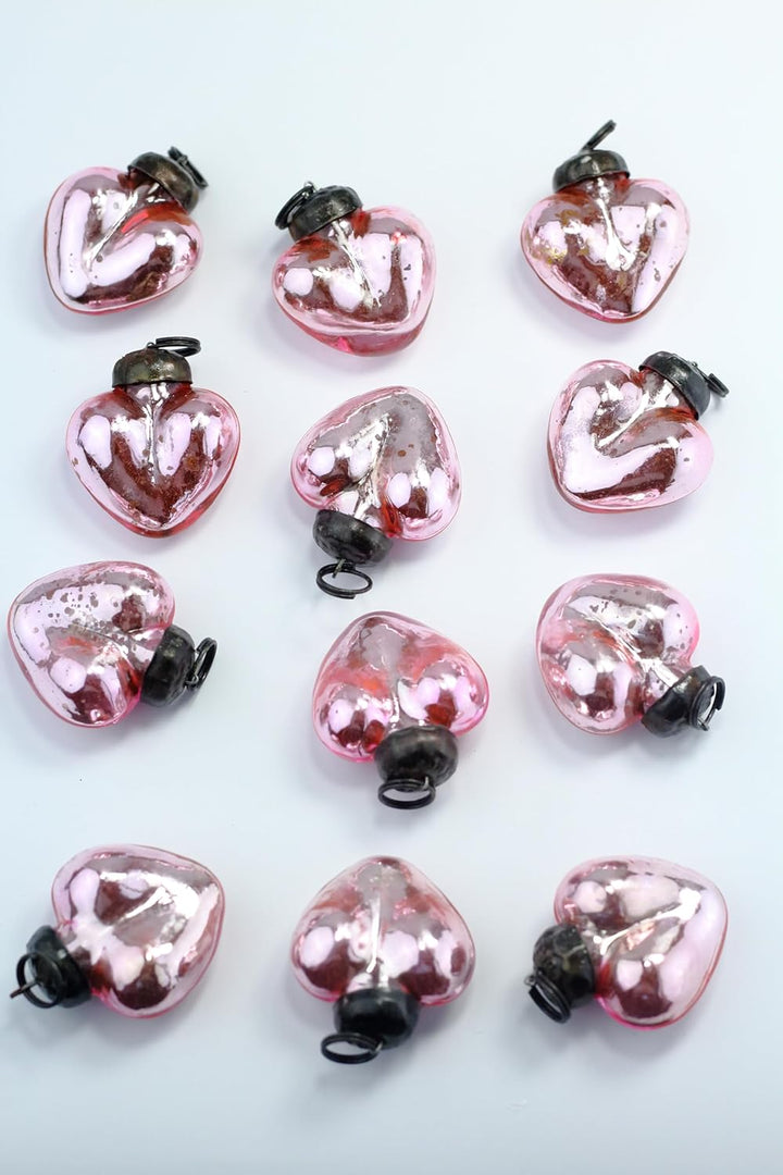 Mini Mercury Glass Ornaments - Sets of 12 Ornaments - Size 1.5 Inches (Pink Heart Shape)