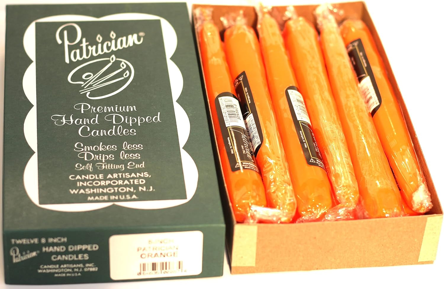 8In Orange Taper Candles Made in USA. 12 Count