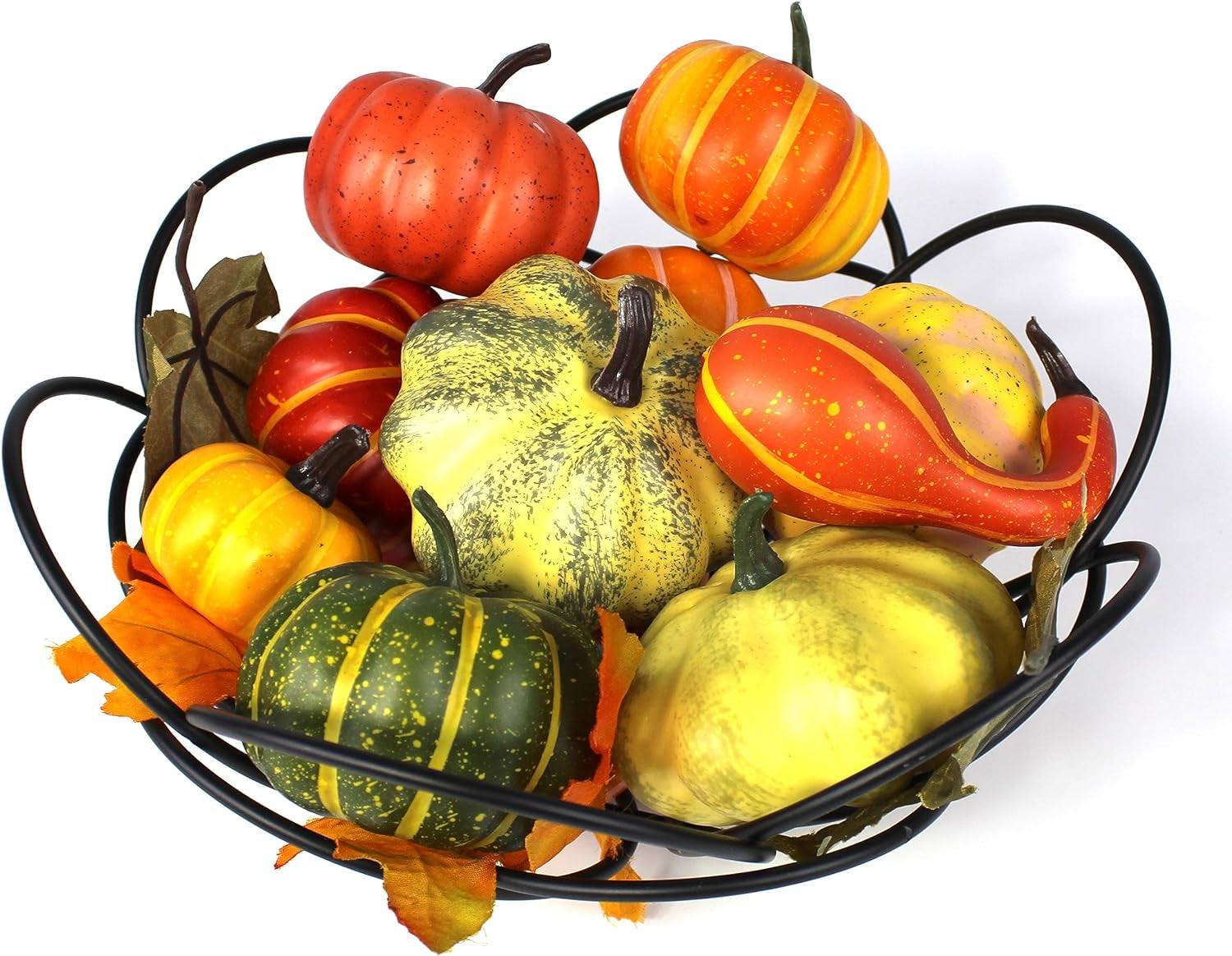 Artificial Pumpkin. 6 Pcs Mix Colored Pumpkin in a Net Bag Comes with 2 Pcs of Leaf.