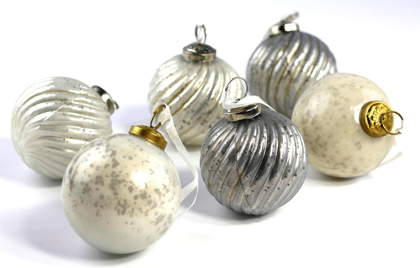 Mercury Glass Ornaments - Size 3 Inches - in a Set of 6 Ornaments. Handcrafted (White Grey Mix)