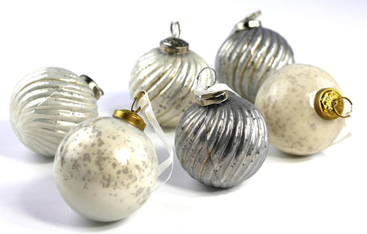 Mercury Glass Ornaments - Size 3 Inches - in a Set of 6 Ornaments. Handcrafted (White Grey Mix)