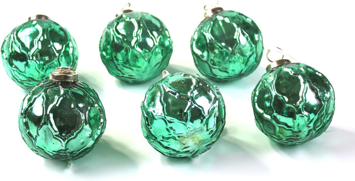 Mercury Glass Ornaments - Size 3 Inches - in a Set of 6 Ornaments. (Embosed Turquoise)