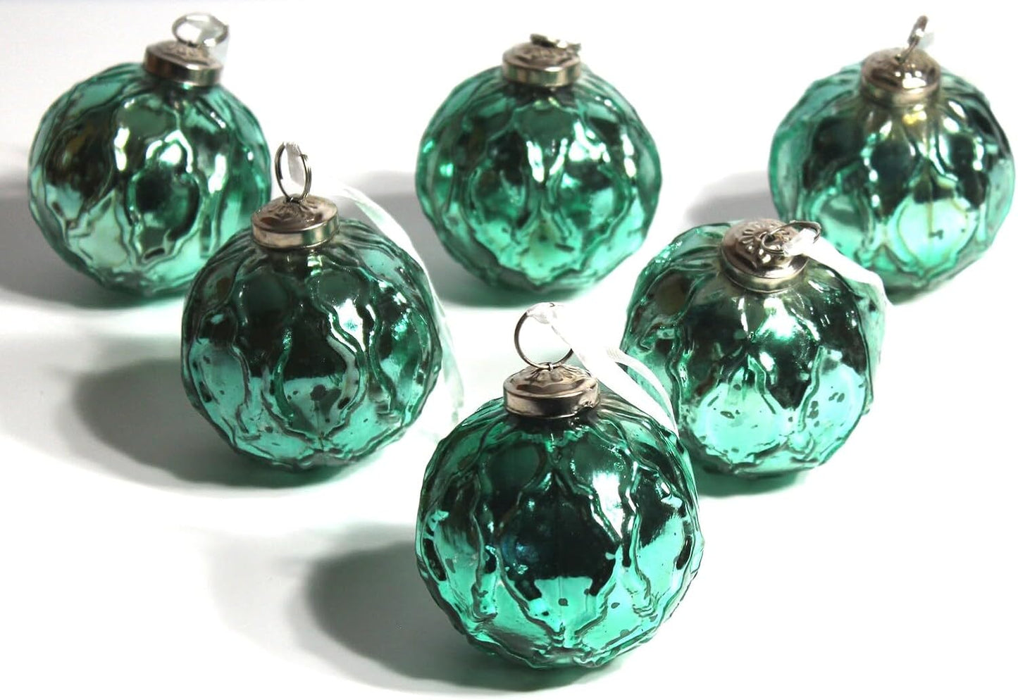 Mercury Glass Ornaments - Size 3 Inches - in a Set of 6 Ornaments. (Embosed Turquoise)