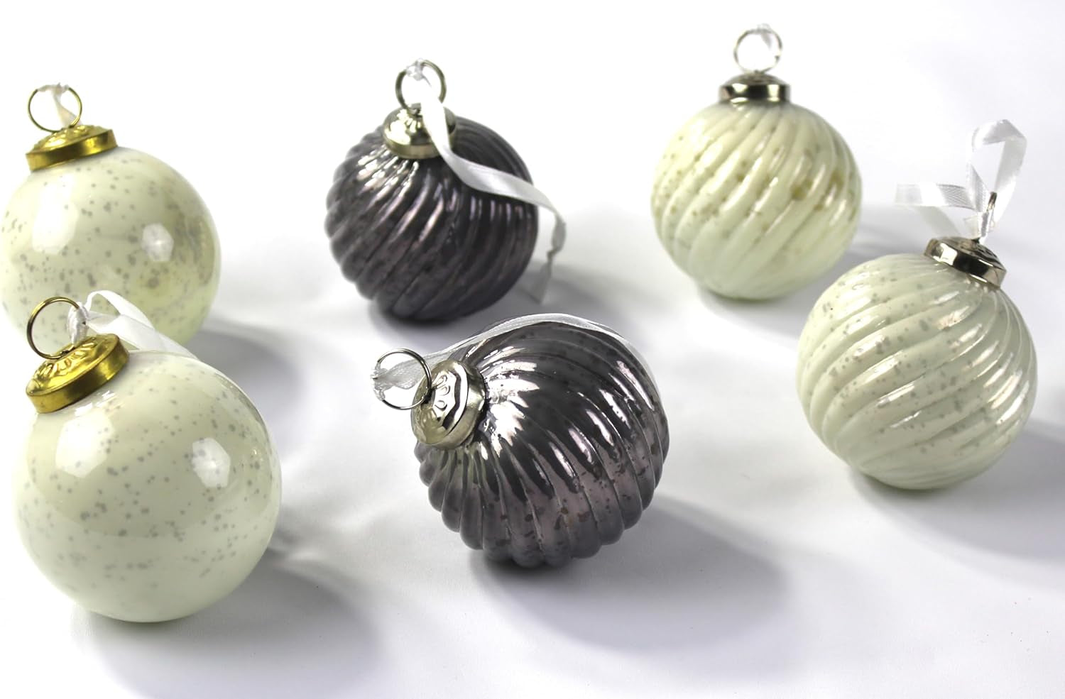 Mercury Glass Ornaments - Size 3 Inches - in a Set of 6 Ornaments. Handcrafted (White Grey Mix)