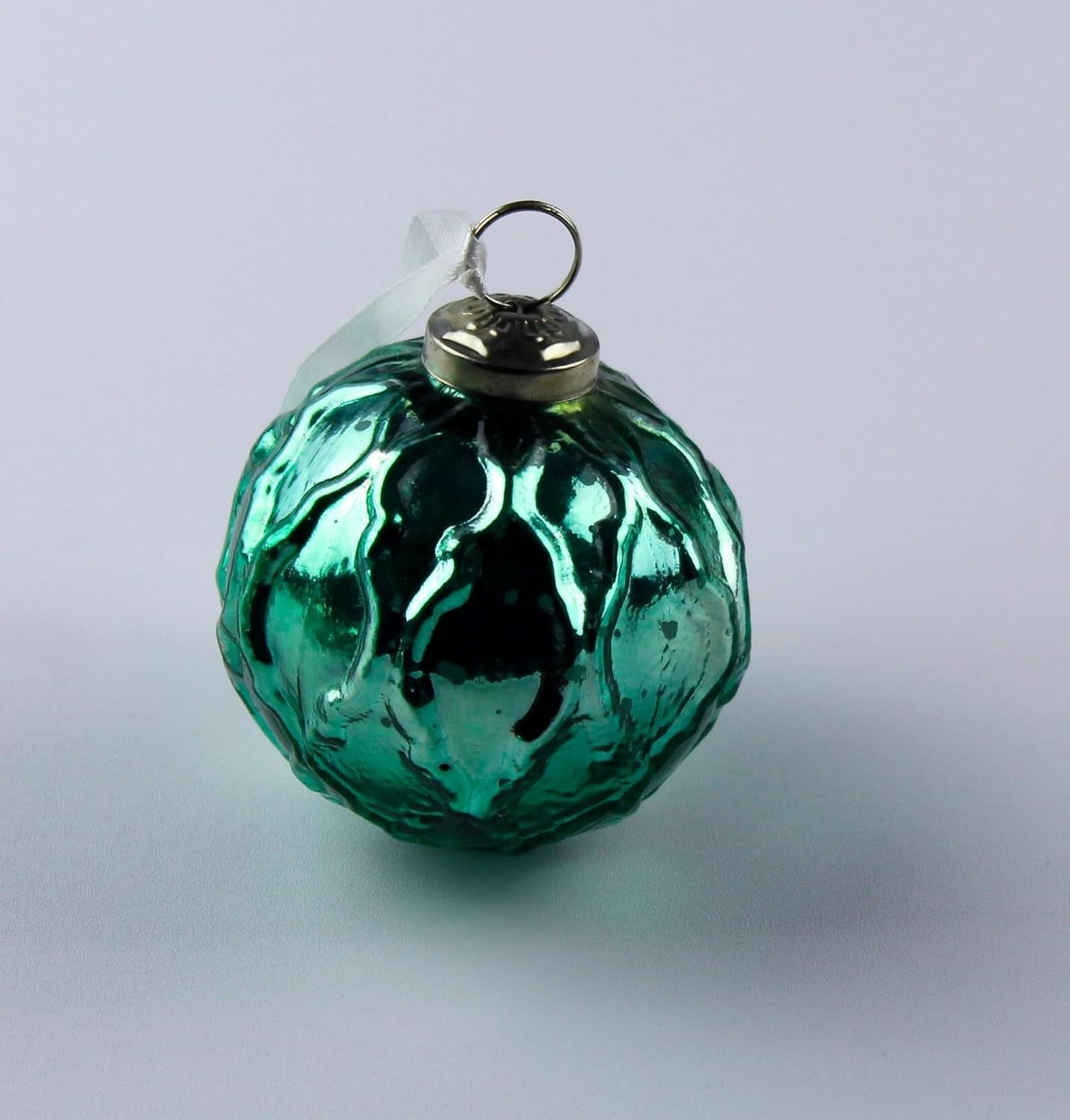 Mercury Glass Ornaments - Size 3 Inches - in a Set of 6 Ornaments. (Embosed Turquoise)