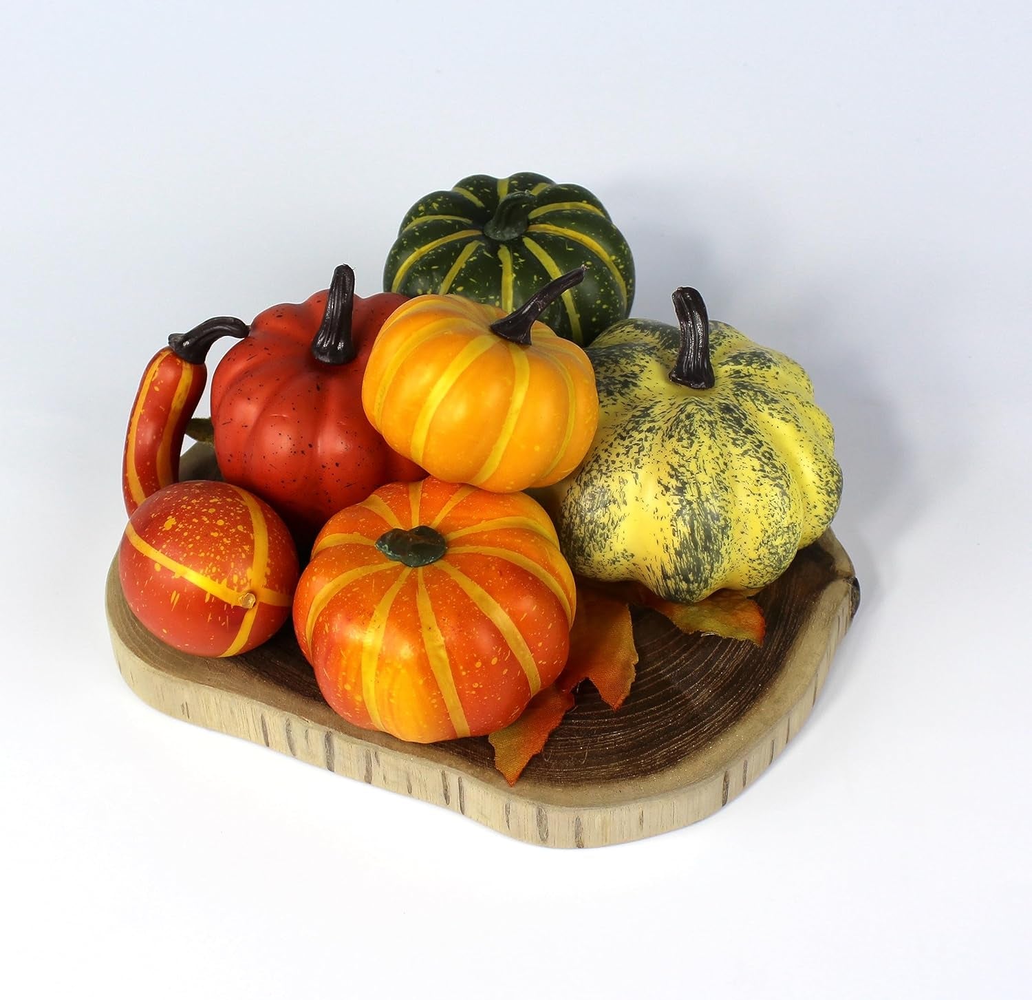 Artificial Pumpkin. 6 Pcs Mix Colored Pumpkin in a Net Bag Comes with 2 Pcs of Leaf.