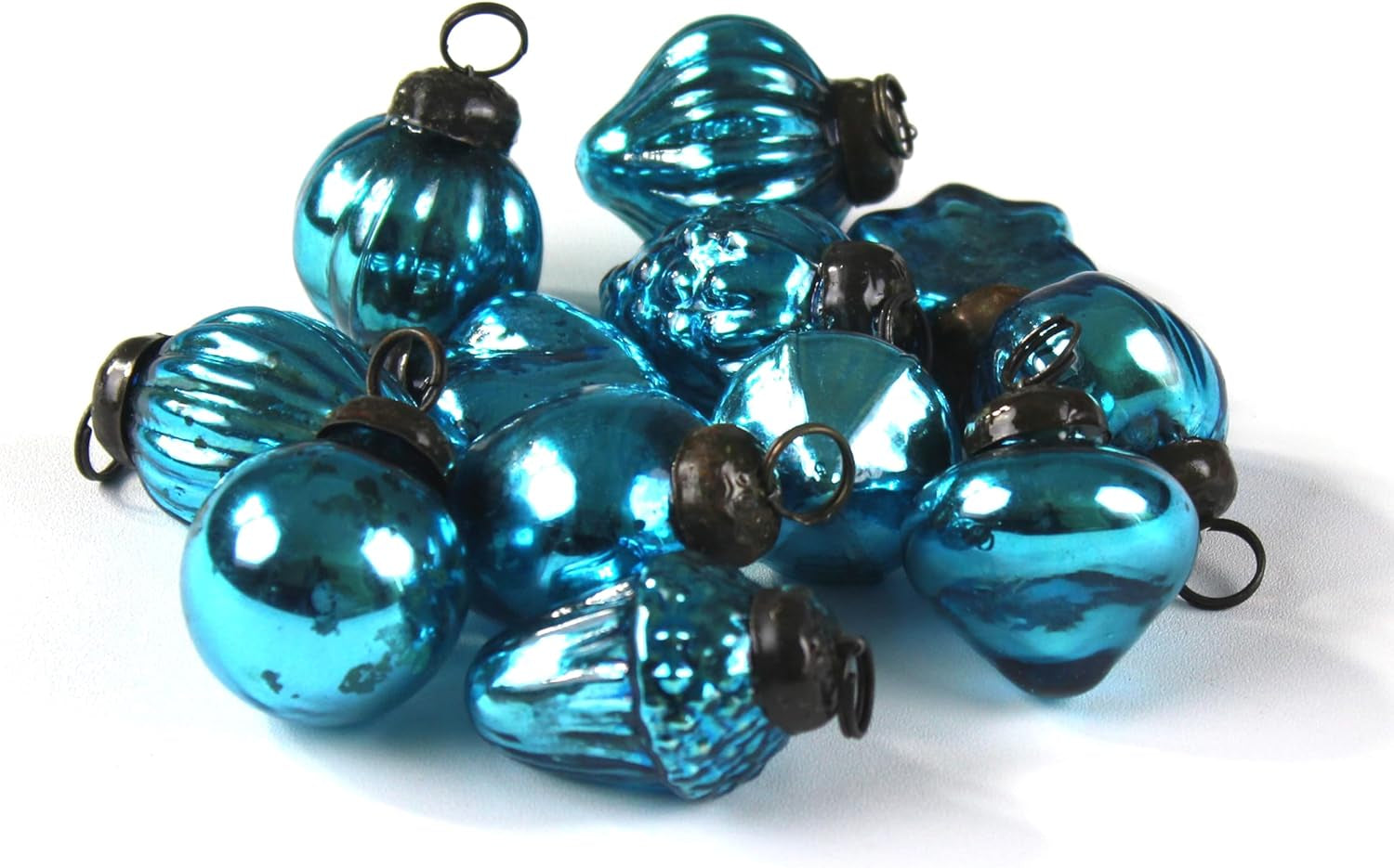 Mini Mercury Glass Ornaments - Sets of 12 Ornaments - Size 1.5 Inches (Turquise Mix Shape)