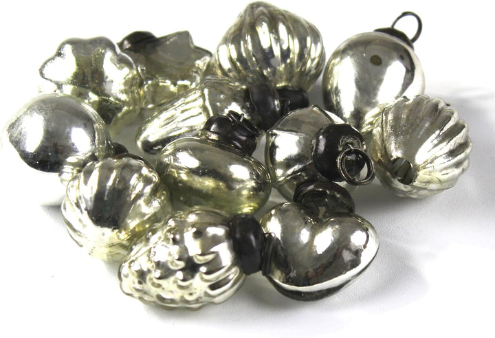 Mini Mercury Glass Ornaments - Sets of 12 Ornaments - Size 1.5 Inches (Silver Mix Shape)