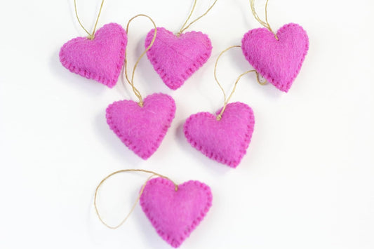 Wool Felt Heart Hand Crafted in Nepal - Made from 100% Sheep Wool from New Zealand (Pink Hanging Heart Pk/6)