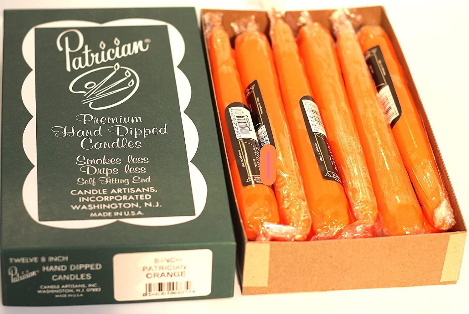 8In Orange Taper Candles Made in USA. 12 Count